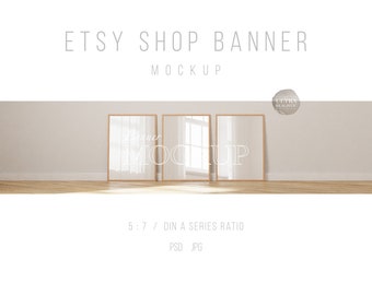 Etsy Shop Banner Mockup For Prints, Frame Mockup Banner, Glass Reflection Framed Art Mockup, POD Branding Mockup, Set of 3 Wood Frame Mockup