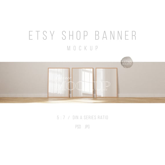 Etsy Shop Banner Mockup For Prints, Frame Mockup Banner, Glass Reflection Framed Art Mockup, POD Branding Mockup, Set of 3 Wood Frame Mockup