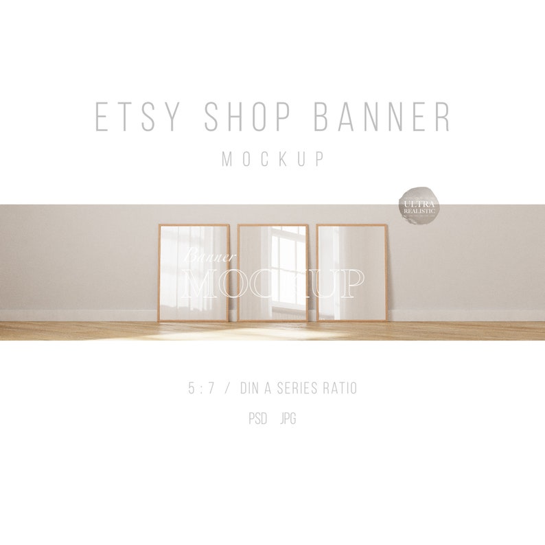 May include: Mockup of three Etsy shop banners in a minimalist interior setting. The banners are in a 5:7 DIN A series ratio and are displayed in a row on a white wall with a wooden floor. The banners are in a light wood frame.
