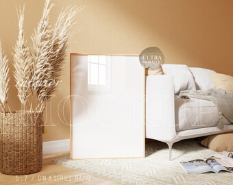 Tall Frame Mockup, Modern Frame Mockup in Boho Interior, Glass Reflection, Vertical Wood Frame Mockup, Digital 5x7 Frame Mockup for Wall Art