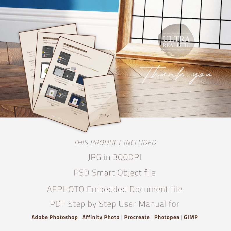 Op de afbeelding: Een digitale productvermelding voor een realistische bladerenmockup. Het product bevat een JPG-afbeelding, een PSD Smart Object-bestand, een AFPHOTO Embedded Document-bestand en een PDF-stap-voor-stap gebruikershandleiding voor Adobe Photoshop, Affinity Photo, Procreate, Photopea en GIMP.