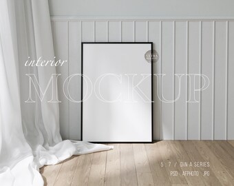 Modern Frame Mockup DIN A Ratio, 5x7 Black Frame, Minimalistic Interior Mockup Design Gallery Frame, Bright Tall Vertical Frame Template