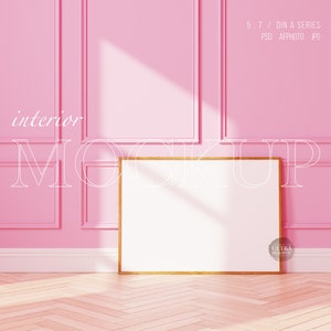 Wooden Frame on Pink Wall, Feminine Frame Mockup, Large Frame Mockup, Blush Landscape Frame 5x7, Poster Frame Mockup on Vintage Pink Wall