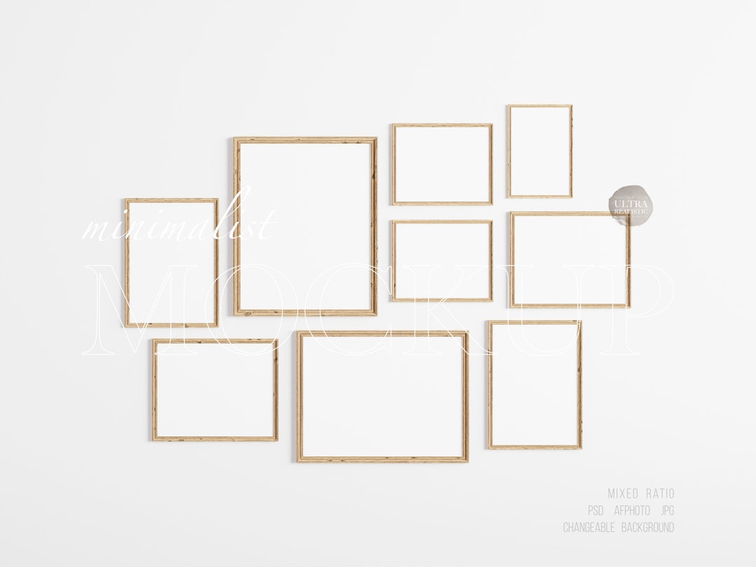 9 Frames Gallery Wall Art Mockup, Mixed Ratio Wooden Frame Mockup ...