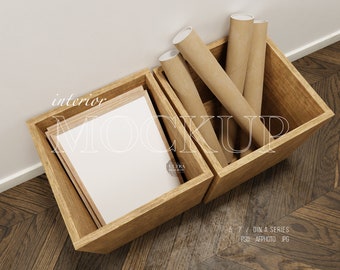 Single Frame Mockup in Wooden Tray, Digital Scenery, DIN A Vertical Frame Mockup, Scandinavian Interior Mockup, 5x7 Frame in Room Mockup PSD