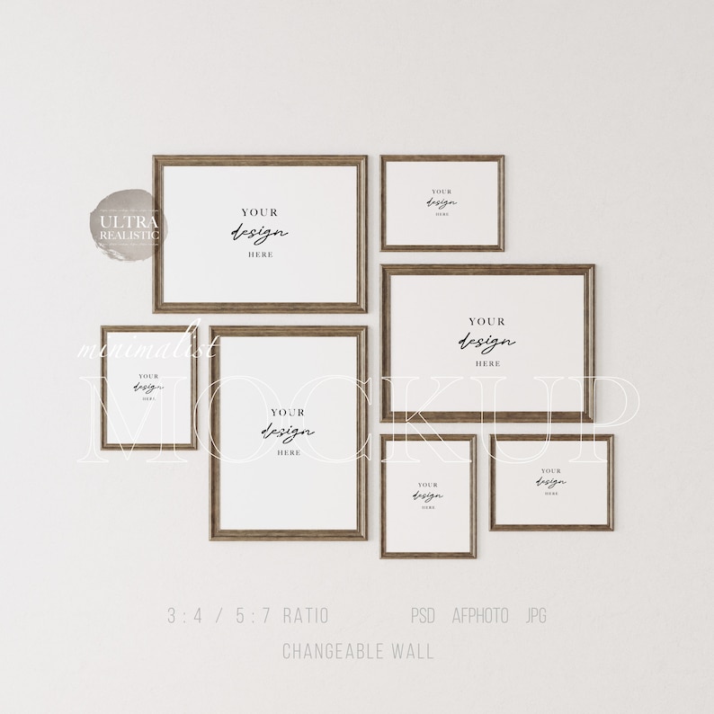 May include: A wall gallery mockup with six wooden picture frames of various sizes. The frames are arranged in a staggered pattern and feature the text "YOUR design HERE" in each frame.