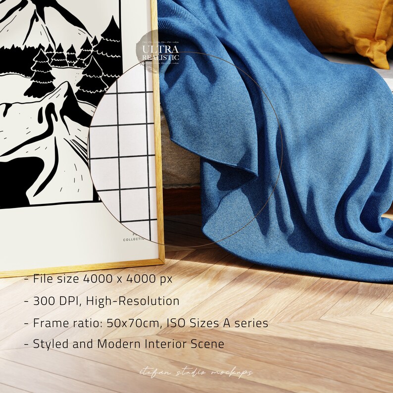 May include: A framed black and white illustration of a mountain scene with trees. The frame is gold and the illustration is on a white background. The frame is sitting on a wooden floor with a blue blanket draped over a white sofa.