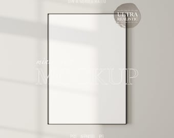 Black Thin Frame Mockup, Modern Digital Mockup, Minimalist Black Portrait Framed Art Display, Vertical Black Frame Mockup, Poster Mockup PSD