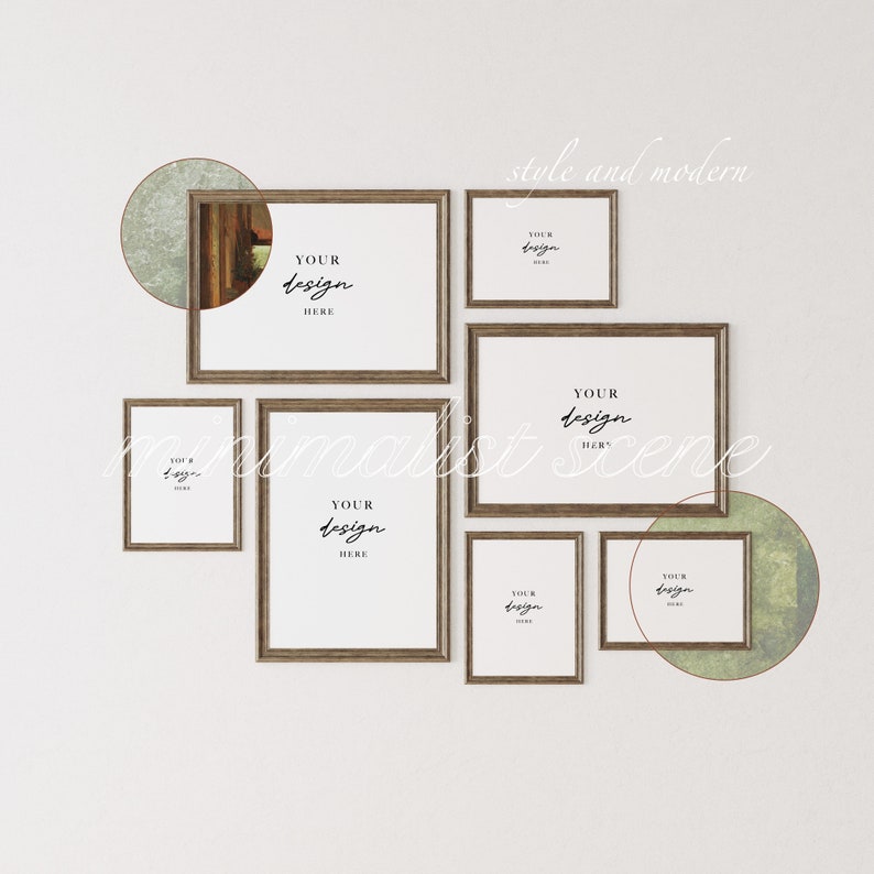 May include: A wall gallery featuring seven brown wood framed pictures with white mats. The frames are arranged in a staggered pattern. The frames are empty and have the text "YOUR DESIGN HERE" written in black cursive. The wall is white and there are two green and white circular shapes behind the frames.