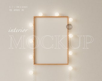 5x7 dünner Holzrahmen Mockup, Warm Ton Light Up Cotton Ball String Lichter Minimalist Design Interior, Vertikale Mockup Rahmen Kinderzimmer Kinderzimmer