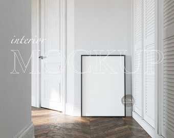 Tall 5x7 Black Wood Frame Mockup, DIN A Modern Interior Thin Vertical Frame Mockup, Minimalist French Apartment Mockup for Digital Wall Art