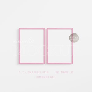Set of 2 Pink Wooden Frame Mockup, Light Wood Framed Art Display, Cute Nursery Prints Mockup, Two Feminine Poster Mockup, 5x7 Frame Mockup