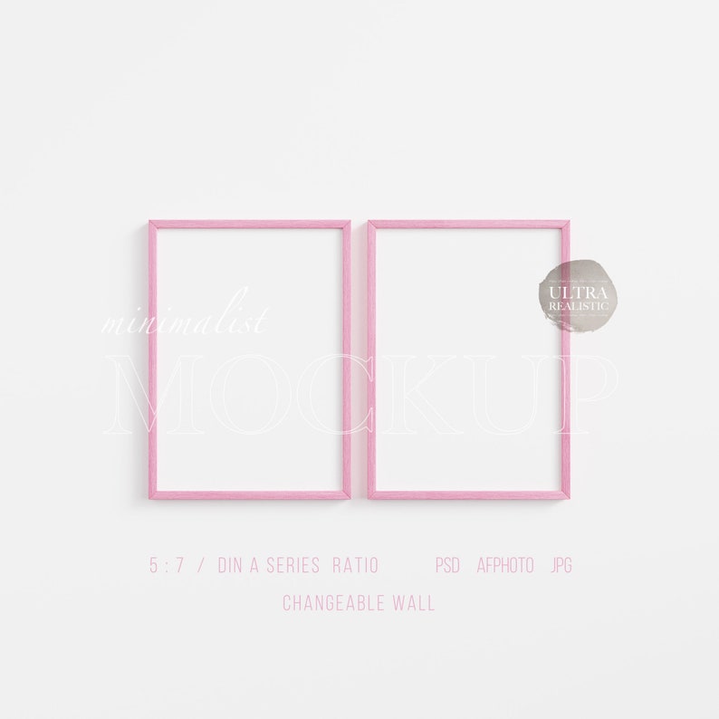 May include: Two pink picture frames on a white wall. The frames are empty and ready for your photos or artwork. The frames are 5:7 ratio and are part of a series of frames.