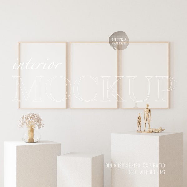 Three Frames Mockup, Set of 3 Minimalist Interior Frames Mockup For Poster Art Display, Vertical Wood Frame Mockup with Tall Pedestal Tables