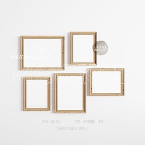 5 houten frame mockup, digitale galerij frame mockup, 3x4 frame mockup, minimalistische hout ingelijste kunst display, eenvoudige frame mockup sjabloon PSD