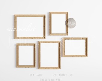 5 Holzrahmen Mockup, Digitales Galerie Rahmen Mockup, 3x4 Rahmen Mockup, Minimalistisches Kunst Display mit Holzrahmen, Einfache Rahmen Mockup Vorlage PSD