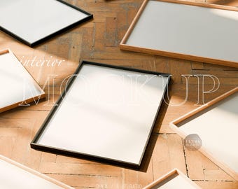 Set of 8 Flat Lay Wood Frame Mockup on Wooden Floor, DIN A4 Frame Mockup Close Up, Realistic Frame Mockup, Printable Art Poster Frame Mockup