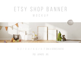 Kids Room Wood Frame Mockup Banner, Etsy Shop Banner Mockup For Prints, Baby Nursery Toys 4 Frame Mockup PSD, Natural Light Wall Art Mockup