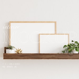 Horizontal Mockup Frame for Prints and Photography, 7x5 Ratio ISO DIN A Wooden Frame Mockup on Picture Ledge, Digital Art Poster Shop Mockup