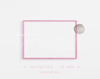 Pink Wood Frame Mockup, Light Wood Framed Art Display, Cute Nursery Print Mockup, Feminine Poster Mockup, 7x5 Horizontal Wall Art Mockup PSD