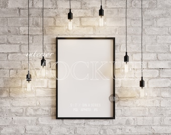 Vertical Black Frame Mockup on Wall with Light Bulbs, DIN A Wooden Frame Mockup, Digital Frame Mockup for Art Display, Interior Mockup Scene