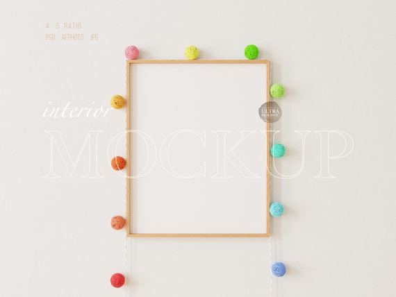 4x5 Thin Wood Frame Mockup, Rainbow Cotton Ball String Lights Minimalist Design Interior, Vertical Mockup Frame Colorful Nursery Kids Room