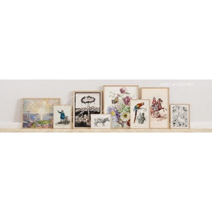 May include: A collection of framed artwork featuring a variety of subjects, including a landscape with a bright light, a black and white illustration of a mushroom, a floral arrangement with a butterfly, a parrot, a knight on horseback, and a group of dogs.