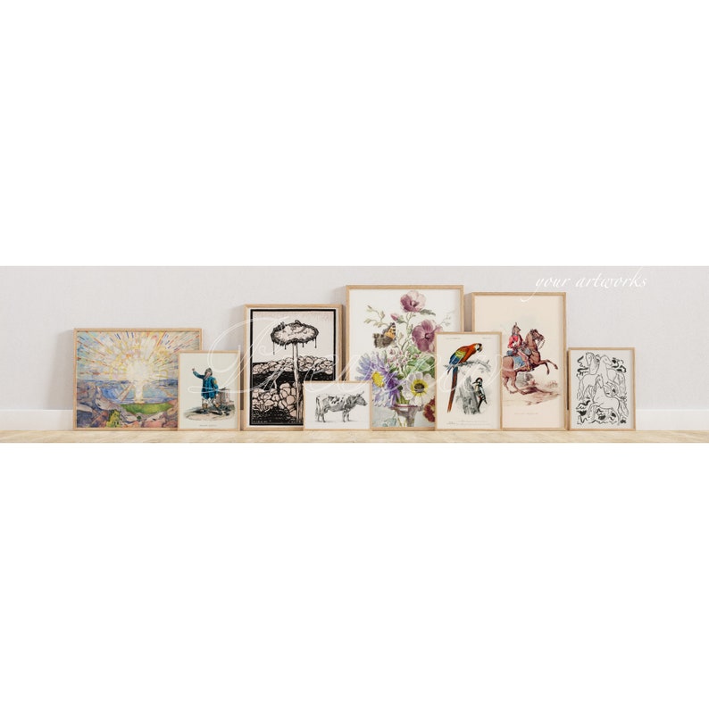 May include: A collection of framed artwork featuring a variety of subjects, including a landscape with a bright light, a black and white illustration of a mushroom, a floral arrangement with a butterfly, a parrot, a knight on horseback, and a group of dogs.