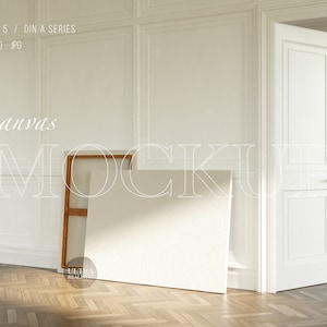 7x5 Baumwoll Leinwand Mockup, Horizontales Gemälde Mockup, Minimalistischer Künstlerraum, Natürliches Licht und Schatten Großes Öl Zeichnung Leinwand Mockup PSD
