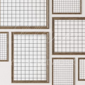 May include: Five brown picture frames with a grid pattern on a white wall. The frames are different sizes and are arranged in a staggered pattern.