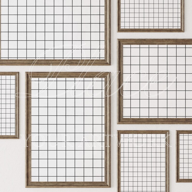 May include: Five brown picture frames with a grid pattern on a white wall. The frames are different sizes and are arranged in a staggered pattern.