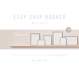 Op de afbeelding: Mockup van een banner met zes verschillende formaten frames in een lichtbruine kleur. De frames zijn in een rij op een lichtroze oppervlak gerangschikt. De tekst "Banner Mockup" is in wit op het oppervlak geschreven. De tekst "3:2 / 3:4 / 4:5 / 11:14 / 5:7 DIN A SERIES RATIO" is in zwart onder de frames geschreven. De tekst "PSD AFPHOTO JPG" is in zwart onder de verhoudingtekst geschreven.