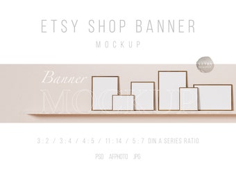 Frame mockup banner, Etsy Shop banner mockup voor prints, 6 frame mockup PSD, natuurlijk licht ingelijste kunst mockup, oud donker houten frame op plank