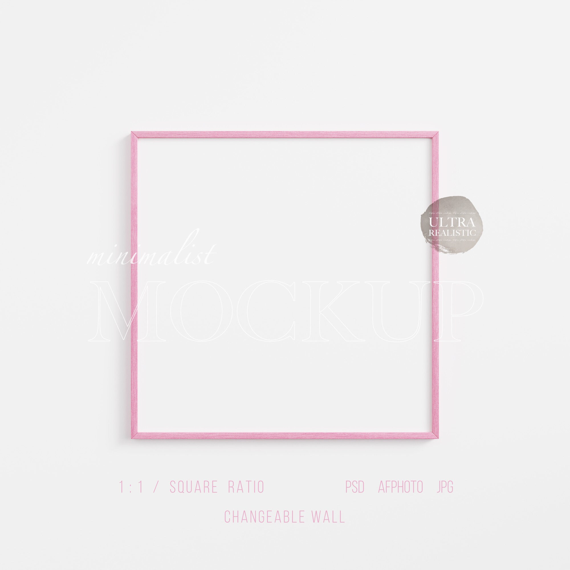 Pink Wood Frame Mockup, Thin Wooden Framed Art Display, Cute Nursery Print Mockup, Feminine Poster Mockup, 10x10 Square Wall Art Mockup PSD