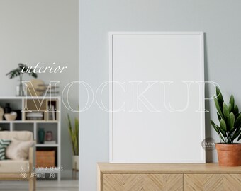 5x7 White Frame Mockup on Shelf, Portrait Mockup Frame For Prints Posters, Simple Modern Minimalist Design Interior Living Room Mockup Frame