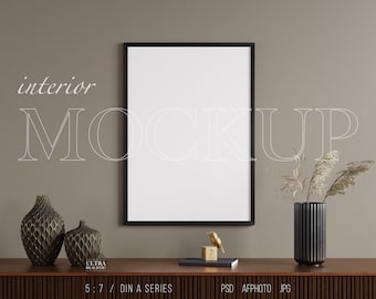 5x7 Portrait Frame Mockup, Luxury Dark Room Mockup, Black Wood Frame Mockup, Vertical Frame Mockup on Cabinet, Realistic Print Art Mockup