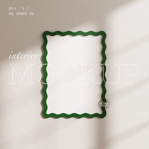 Maqueta de marco ondulado verde oliva, marco de fotos con borde ondulado vertical DIN A, póster de arte de pared digital adorable de 5 x 7, maqueta de marco curvo