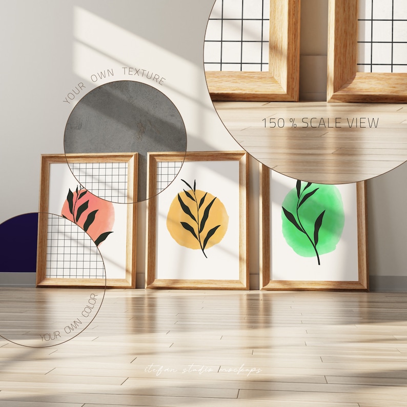 May include: Three framed prints featuring watercolour illustrations of leaves and circles in shades of pink, yellow, and green. The frames are made of natural wood and have a grid pattern.