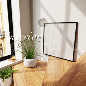 Square Frame Mockup By The Window Thin Black Frame Mockup On Staircase Frame At Corner With Glass Reflection For Digital Printable Art Frame