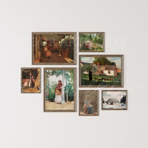 May include: A collection of six framed paintings, each depicting a different scene. The paintings are arranged in a grid pattern on a white wall. The paintings are all in a similar style, with a focus on realism and detail. The paintings are all in muted colors, with a focus on browns, greens, and blues.