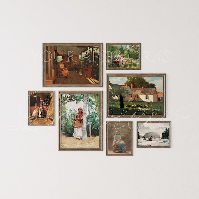 May include: A collection of six framed paintings, each depicting a different scene. The paintings are arranged in a grid pattern on a white wall. The paintings are all in a similar style, with a focus on realism and detail. The paintings are all in muted colors, with a focus on browns, greens, and blues.