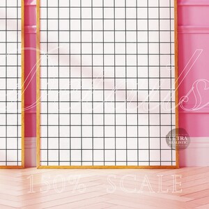 May include: Two wooden picture frames with black grid patterns on a pink wall. The frames are empty and ready for a photo or artwork. The text "150% SCALE" is written below the frames.