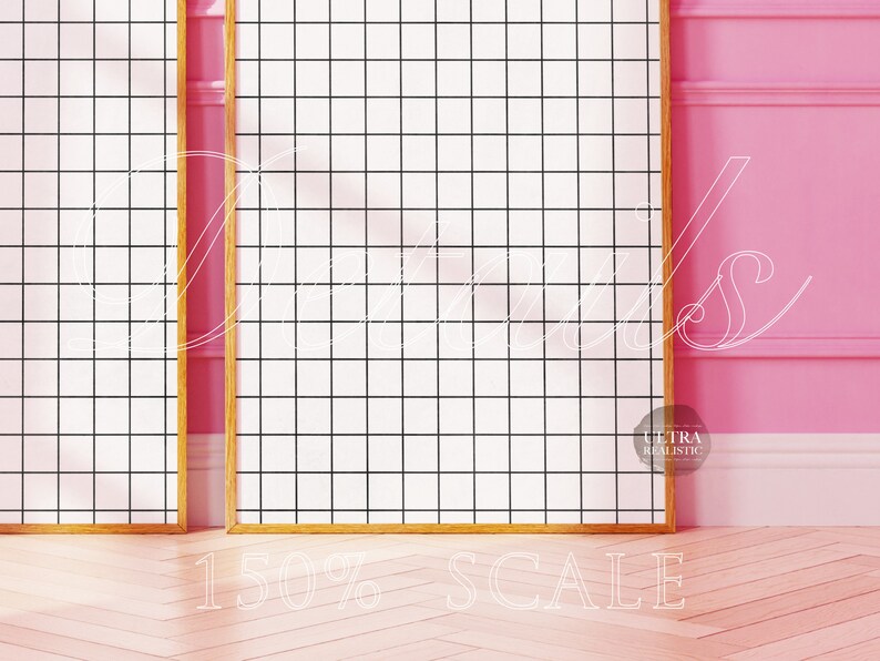 May include: Two wooden picture frames with black grid patterns on a pink wall. The frames are empty and ready for a photo or artwork. The text "150% SCALE" is written below the frames.