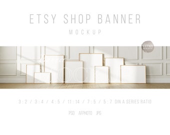 Frame Mockup Banner, Etsy Shop Banner Mockup For Prints, 8 Frame Mockup PSD Template, Natural Light Wall Art Mockup, Wood Frame Vintage Wall