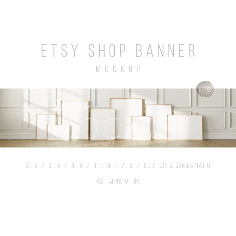 Maquette de bannière de cadre, maquette de bannière de boutique Etsy pour impressions, modèle PSD de maquette de 8 cadres, maquette d'art mural lumière naturelle, mur vintage à cadre en bois image 1
