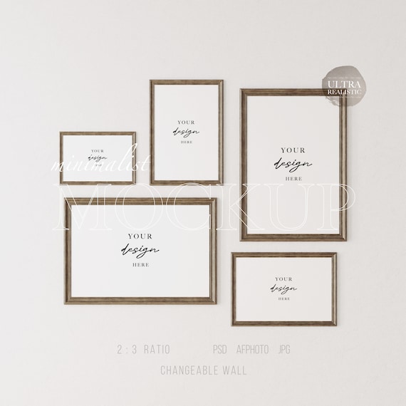 Dark Wooden Frame Mockup, Antique Frame Mockup, 2x3 Frame Mockup, Set of 5 Frame Mock Up, Wall Art Mockup Antique Picture Frame Template PSD