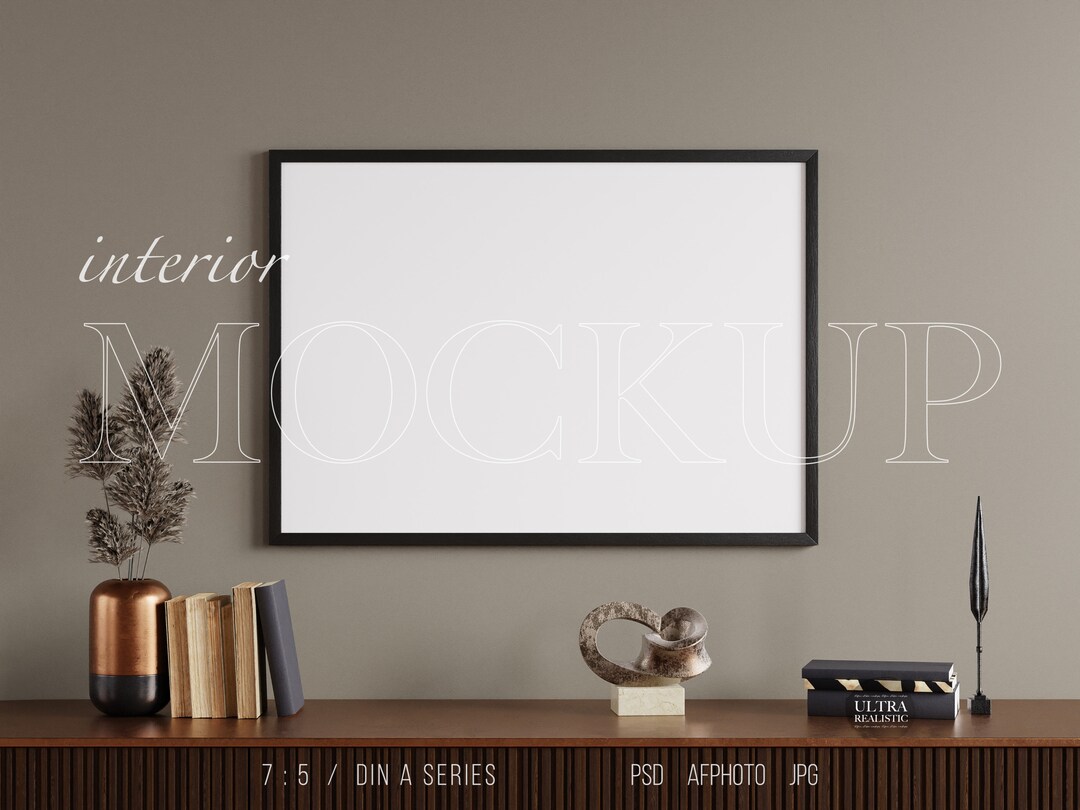 7x5 Landscape Frame Mockup, Luxury Dark Room Mockup, Black Wood Frame