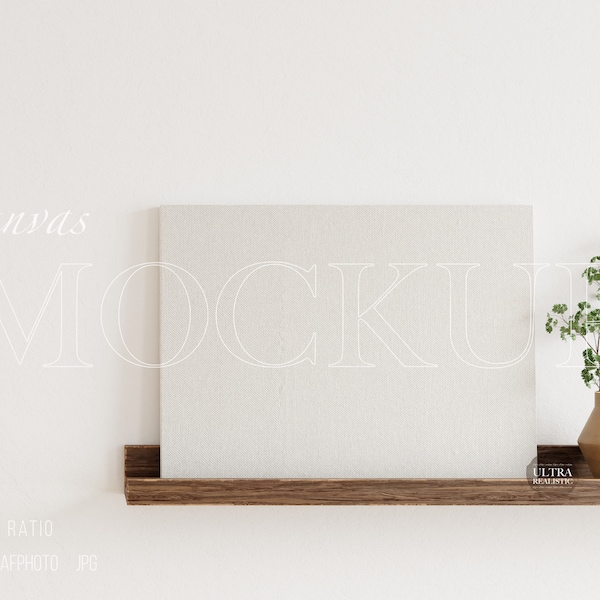 4x3 Horizontal Cotton Canvas Frame Mockup, Canvas Mockup on Picture Ledge, Minimalist Interior Room Digital Art Print Poster Mockup on Shelf