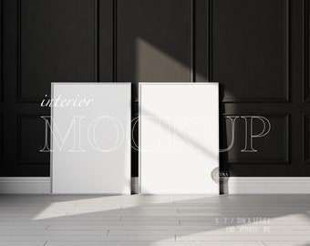Thin Frame Mockup, 2 Wood Frame Mockup, Wall Panelling Mockup, Dark Room, Wall Art Mockup, Double Frames Mockup for Printable Poster, DIN A