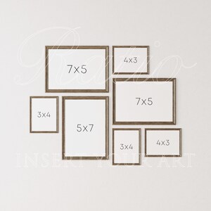 May include: A wall gallery featuring six wooden picture frames in various sizes. The frames are arranged in a staggered pattern, with the largest frame at the top and the smallest frame at the bottom. The frames are all empty, ready for photos or artwork. The frames are labeled with their dimensions: 7x5, 5x7, 3x4, 4x3, 7x5, and 4x3.